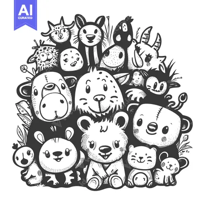 Aset desain premium: A Group of Cute Cartoon Animals with Big Eyes and Smiles