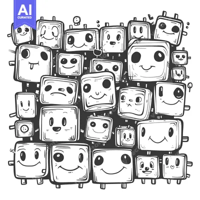 A Group of Cute Cartoon Characters with Square Bodies and Different Fa