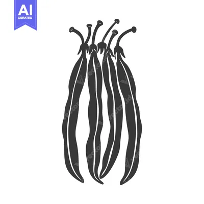 Aset premium populer: A group of five green beans, with their ends pointing upward, isolated