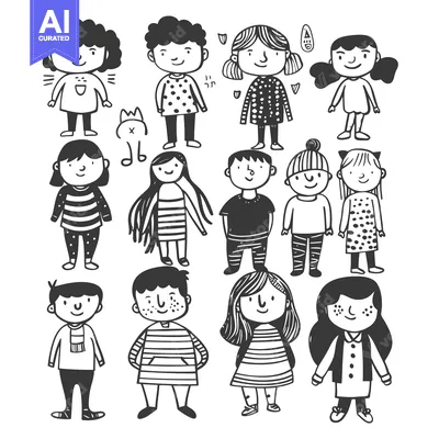 Aset premium populer: A Group of Hand-Drawn Cartoon Kids with Different Hairstyles and Cloth