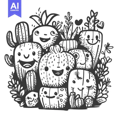 Aset premium populer: A group of happy cartoon cacti with smiling faces surrounded by foliag
