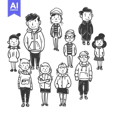 Aset premium populer: A Group of Nine Cartoon People in Casual Clothing