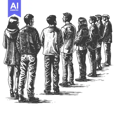 Premium design asset: A group of people standing in a line, viewed from behind, in a black a