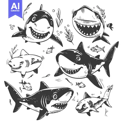 Aset premium populer: A Group of Sharks Swimming in the Ocean with Small Fish