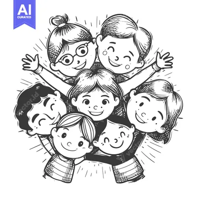 Aset premium populer: A group of six happy children huddled together in a circle