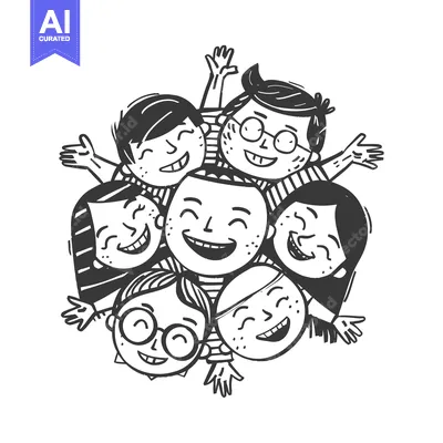 Aset desain premium: A Group of Smiling Cartoon Children Huddled Together