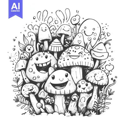 Aset desain premium: A Group of Smiling Cartoon Mushrooms in a Whimsical Setting