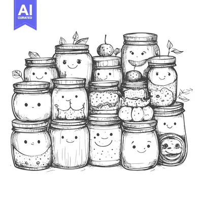 Aset desain premium: A Group of Smiling Glass Jars Filled with Various Contents