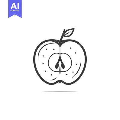 Premium design asset: A Halved Apple with a Stem and Leaf in Black and White Outline