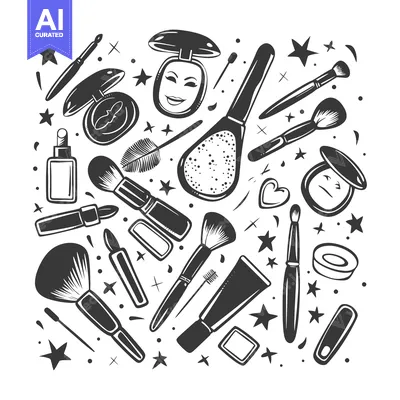 A Hand-Drawn Arrangement of Makeup Brushes, Compacts, and Other Beauty
