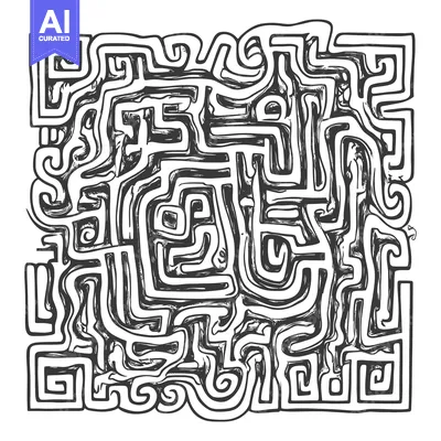 Aset desain premium: A Hand-Drawn Black and White Abstract Maze Pattern
