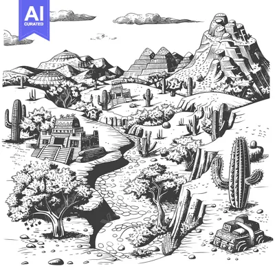 Premium design asset: A Hand-Drawn Black and White Depiction of a Desert Landscape with Anci
