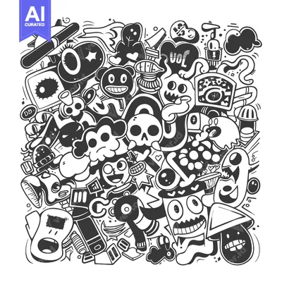Aset premium populer: A Hand-Drawn Black and White Doodle Illustration with Cartoon Creature