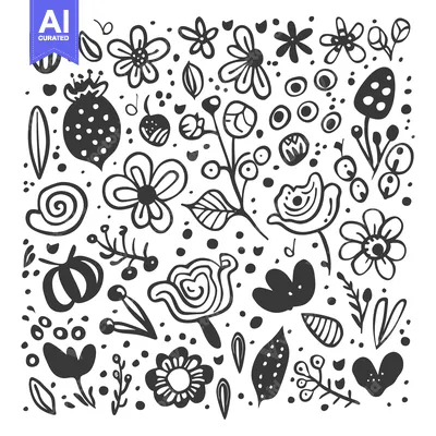 Aset desain premium: A Hand-Drawn Black and White Illustration of a Garden Scene with Flowe