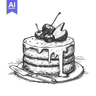 Premium design asset: A Hand-Drawn Black and White Illustration of a Layered Cake with Cherr