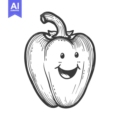 Aset premium populer: A Hand-Drawn Black and White Illustration of a Smiling Bell Pepper