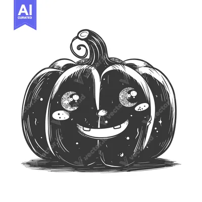 Aset desain premium: A Hand-Drawn Black and White Illustration of a Smiling Pumpkin with Sp