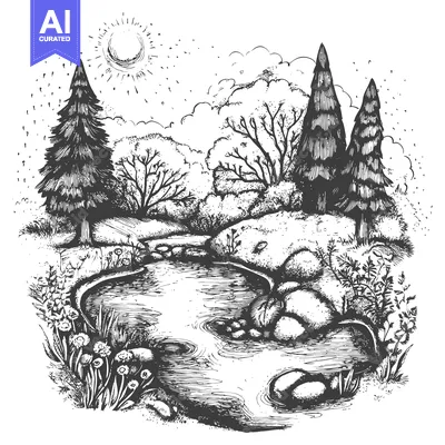 A Hand-Drawn Black and White Illustration of a Winding River Through a