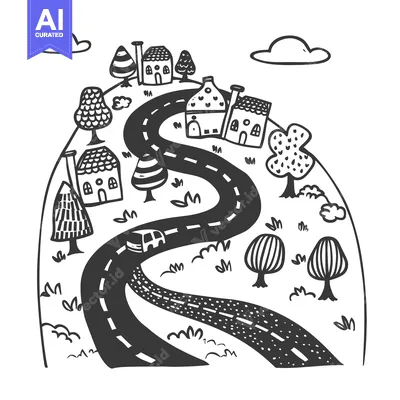 Popular premium asset: A Hand-Drawn Black and White Illustration of a Winding Road Through a