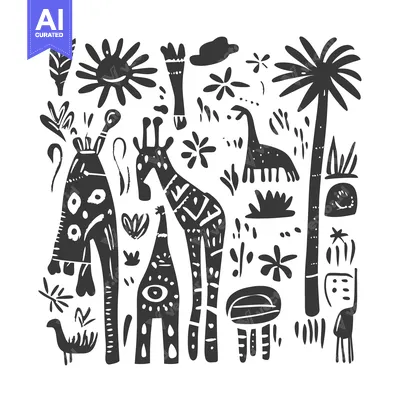 Premium design asset: A Hand-Drawn Black and White Illustration of Giraffes, Animals, and Pl