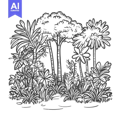 Aset desain premium: A Hand-Drawn Black and White Illustration of Lush Tropical Foliage