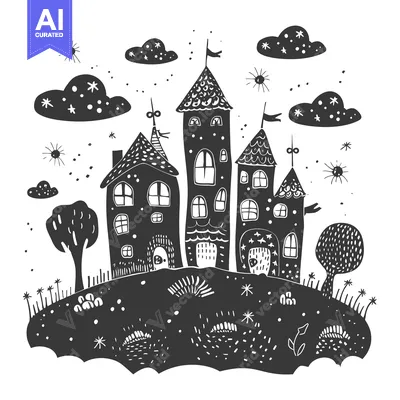 Aset premium populer: A Hand-Drawn Black and White Illustration of a Fantasy Village with Th