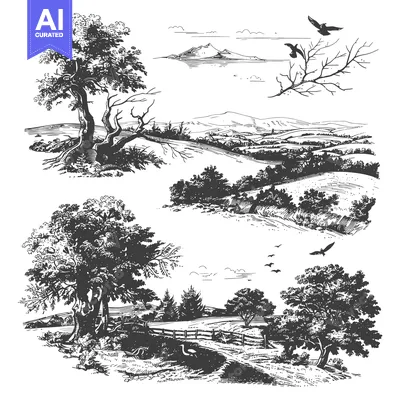 Popular premium asset: A Hand-Drawn Black and White Sketch of a Rural Landscape with Trees, B