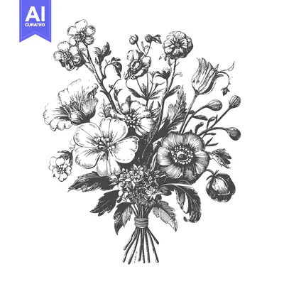 Aset premium populer: A Hand-Drawn Bouquet of Black and White Flowers