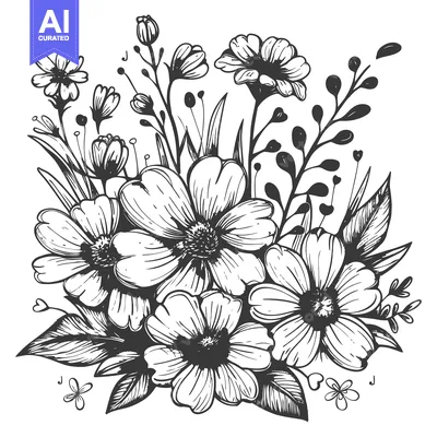 Aset premium populer: A Hand-Drawn Bouquet of Black and White Flowers and Foliage