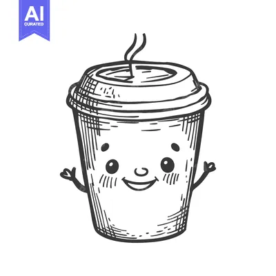 Aset desain premium: A Hand-Drawn Cartoon Illustration of a Smiling Coffee Cup with Steam
