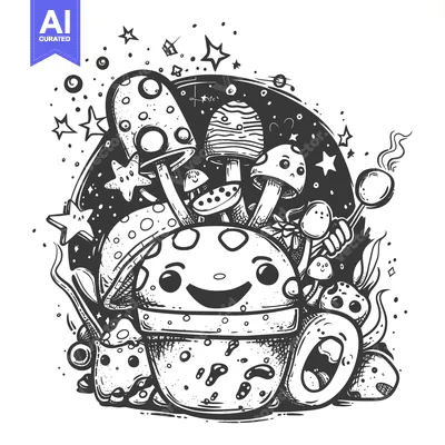 Aset premium populer: A Hand-Drawn Cartoon Illustration of a Smiling Mushroom with Other Mus