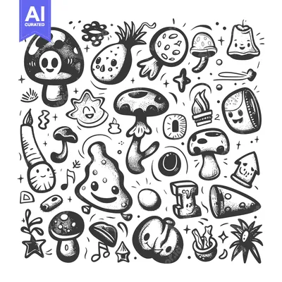 Premium design asset: A Hand-Drawn Collection of Cute Cartoon Mushrooms and Other Fantasy El