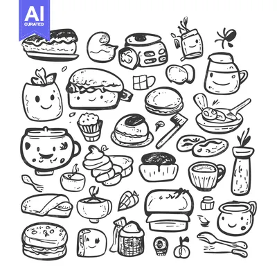 Aset desain premium: A Hand-Drawn Collection of Cute Food and Drink Items with Smiley Faces