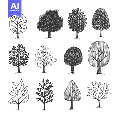 Aset desain premium: A Hand-Drawn Collection of Different Tree Styles
