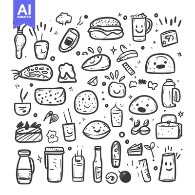 Aset desain premium: A Hand-Drawn Collection of Food and Drink Items with Smiling Faces