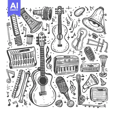Aset desain premium: A Hand-Drawn Collection of Musical Instruments and Notes