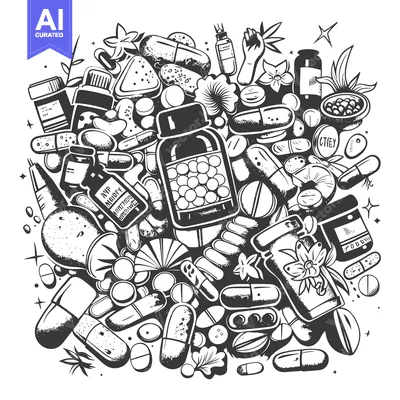 A Hand-Drawn Collection of Pills, Capsules, Bottles, and Herbal Supple