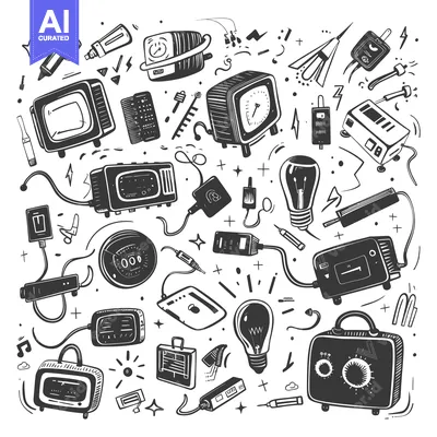Aset premium populer: A Hand-Drawn Collection of Retro Electronics and Appliances