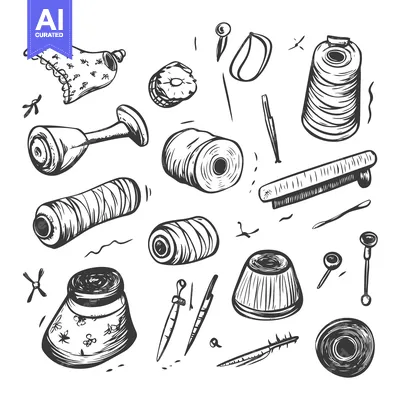 Aset premium populer: A Hand-Drawn Collection of Sewing and Embroidery Supplies