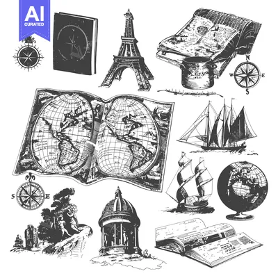 Aset premium populer: A Hand-Drawn Collection of Travel and Exploration Icons