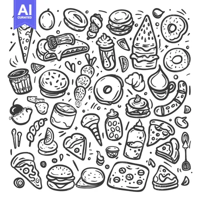 A Hand-Drawn Collection of Various Food Items