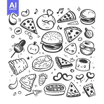 Aset desain premium: A Hand-Drawn Doodle Collection of Food and Music Symbols