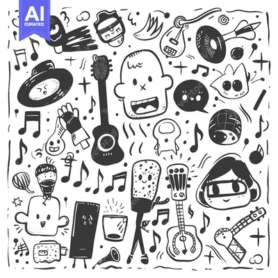 Aset premium populer: A Hand-Drawn Doodle Illustration of Musical Instruments, Characters, a