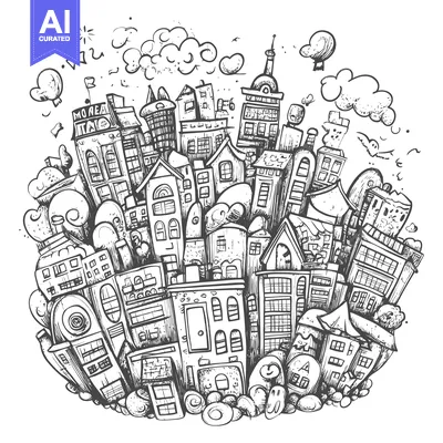 Aset desain premium: A Hand-Drawn Doodle of a Cityscape with Buildings, Clouds, and Birds