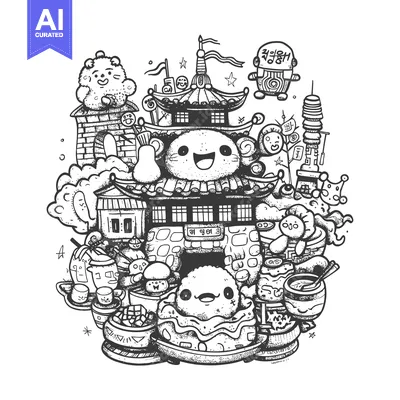 Popular premium asset: A Hand-Drawn Doodle of a Korean-Themed Cityscape with Cute Characters