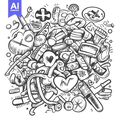 Aset desain premium: A Hand-Drawn Doodle of Various Objects, Symbols, and Characters
