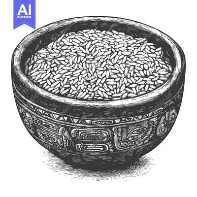 Aset desain premium: A Hand-Drawn Engraving of Rice Grains in a Bowl