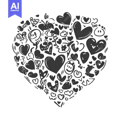 Aset premium populer: A Hand-Drawn Heart Composed of Various Doodle Shapes and Symbols