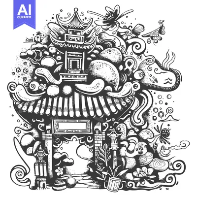 Premium design asset: A Hand-Drawn Illustration Featuring a Chinese Pagoda Gateway and Surro