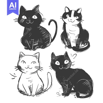 Aset premium populer: A Hand-Drawn Illustration Featuring Four Adorable Cats in Sitting Pose